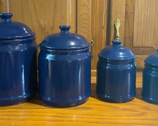 Lot of 4 Blue Porcelain Canisters With Lids- 
