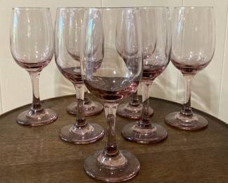 Lot of 7 Pink Hand Blown Glass Wine Glasses
