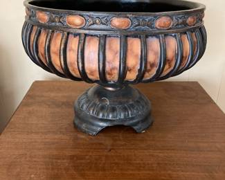 Heavy Plaster Pedestal Bronze Tone and Black Bowl 9”h x 12”d
