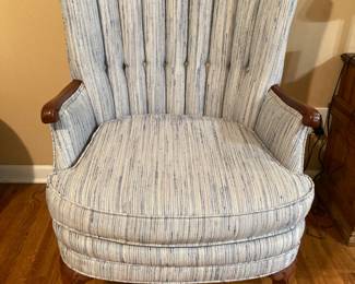 Vintage Channel Back Upholstered Chair, Light Blue with Threads of Navy & Brown

