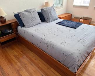 Queen size Teak Headboard , foot board and rails 
End tables
Queen size mattress 
