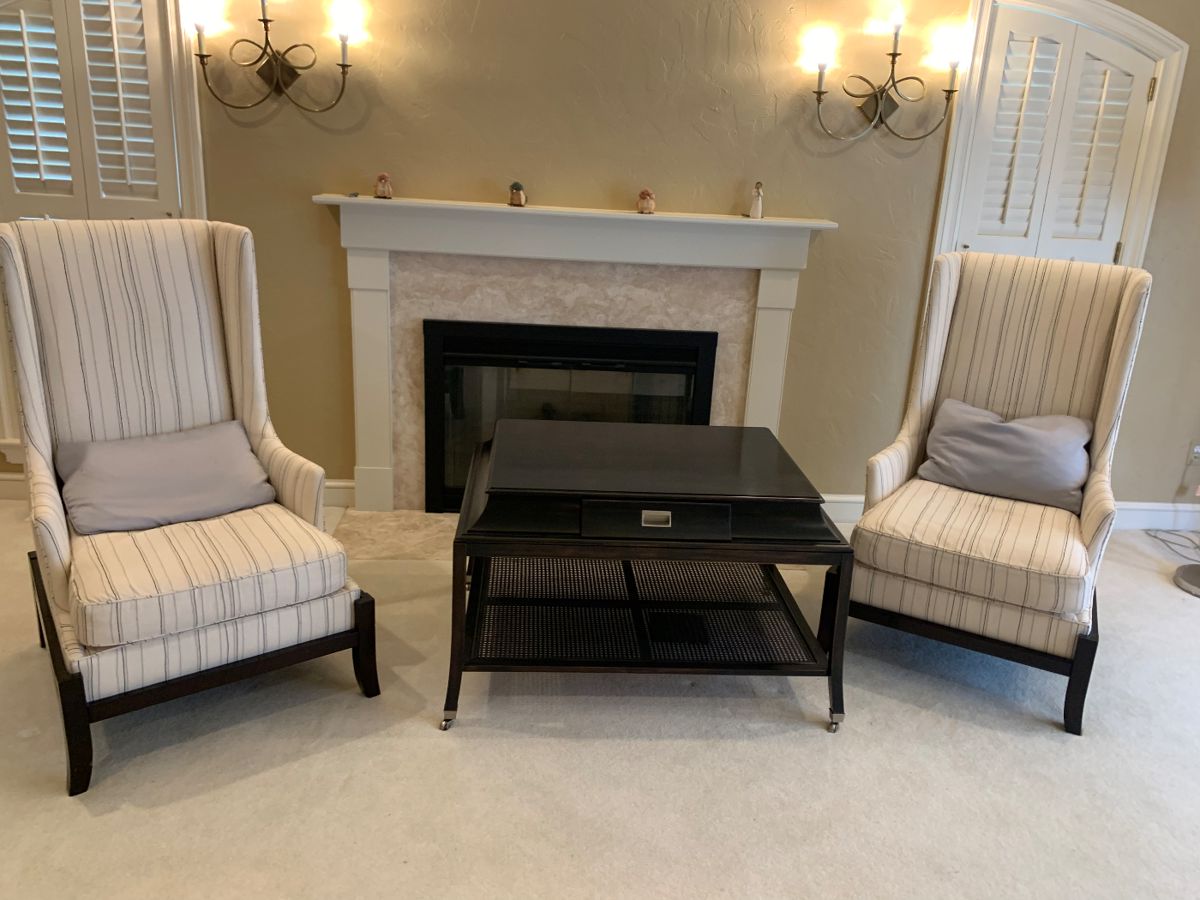 Chairs are by Baker Furniture Co. Table with one drawer is by Hickory White.