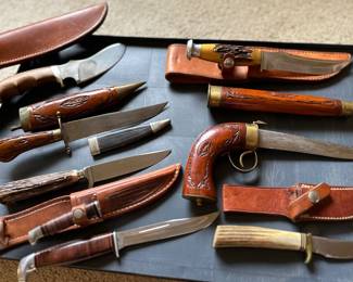 Knife Collection: 
Large Skinner by Track Knives , Vintage Shibriya Daggar :Carved Wood Handle, Hubertus Solingen Stag Horn , Jim Cobb, Texas Toothpick, Fight'n Rooster 