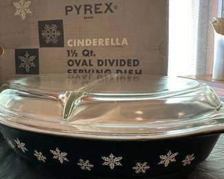 Vintage Pyrex, Black, Oval, Cinderella Divided Dish, with original box 