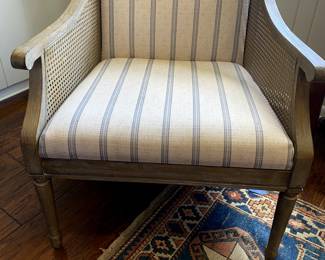 Pair of armed/cane siding chairs wheat with navy stripe