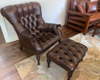 Stickley tufted leather chair and ottoman