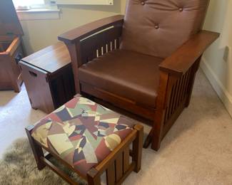 1) Stickley Mission style rocker/glider ; 2) Stickley magazine rack with table top (beside) 