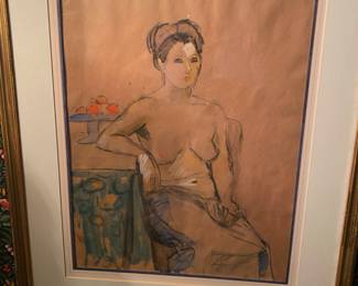 Georghe Jonescu Portrait of a Woman, Semi nude, on brown paper, charcoal and watercolor drawing 16 x 12 