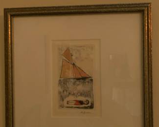 Anthony Rice, Etching of sailboat and figure.  5 x 3 
