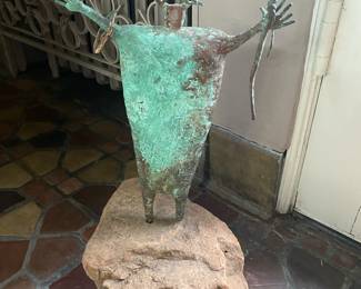 Bill Worrell Shaman sculpture Patinated bronze set in stone base    20" tall SIGNED 