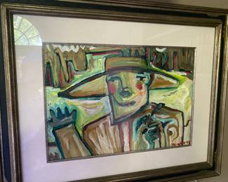 Gloria Roybal Abstract portrait of Man in Hat, oil on paper 13 x 20