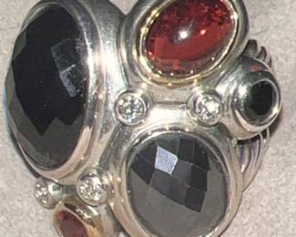 David Yurman Sterling Silver/18k Gold Mosaic with Multi Gemstones ~ Onyx, Garnet, and Diamonds Woman's Ring - $850.00