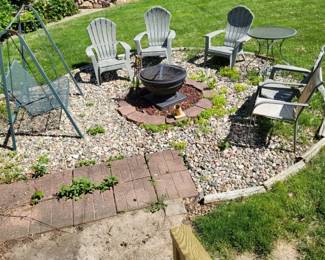 Firepit, chairs and swing
