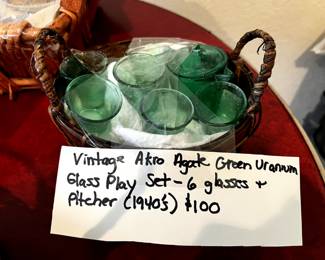 1940's Vintage green glass and pitcher play set