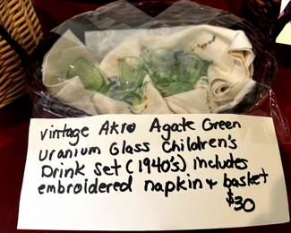 1940's Vintage green glass drink set includes embroidered napkins and basket