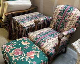 Matching chair and ottoman also have many many yards of matching fabric and special rose flower porcelain holders for swags for draperies to match 