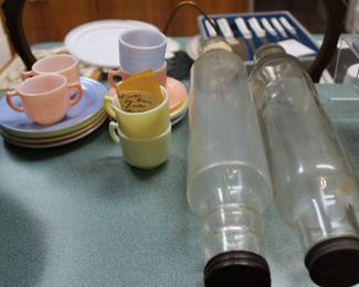 vintage pastel child's tea set; glass rolling pins