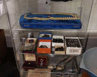 Another Showcase with Various Costume Jewelry and 2 Sterling Spoons!