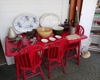 Red Kitchen Table with 3 Chairs, Several Meat Grinders, Very Large Platters and Crock Bowl!