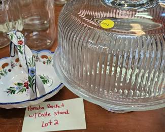 GLASS CAKE STAND WITH LID AND PORCELAIN BASKET