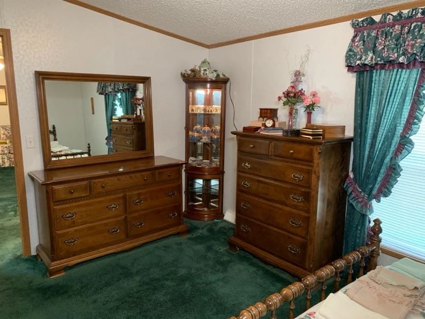 Ethan Allen Double Dresser with Mirror, Ethan Allen Tall Dresser, and Pulaski Corner Cabinet Curio