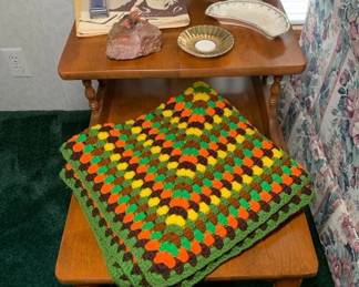 Hand Crochet Knitted Blanket Throw on Mid-Century Ethan Allen Solid Maple and Birch Step (2 tier) End Table - American Traditional