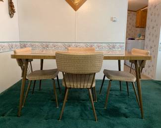 Vintage Mid-Century Modern Formica Dining Room Table - Bronze Legs, 2 Leafs, Six Matching Chairs