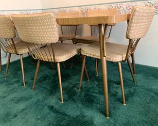 Vintage Mid-Century Modern Formica Dining Room Table - Bronze Legs, 2 Leafs, Six Matching Chairs