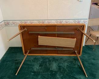 Vintage Mid-Century Modern Formica Dining Room Table - Bronze Legs, 2 Leafs, Six Matching Chairs