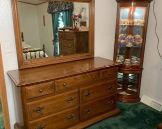 Ethan Allen Double Dresser with Mirror and Pulaski Corner Cabinet Curio