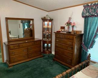 Ethan Allen Double Dresser with Mirror, Ethan Allen Tall Dresser, and Pulaski Corner Cabinet Curio