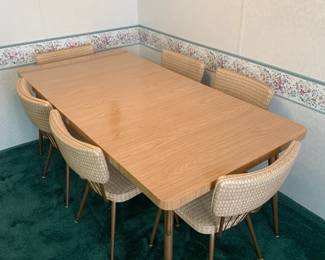 Vintage Mid-Century Modern Formica Dining Room Table - Bronze Legs, 2 Leafs, Six Matching Chairs