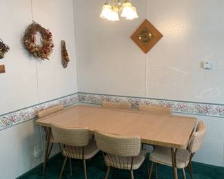 Vintage Mid-Century Modern Formica Dining Room Table - Bronze Legs, 2 Leafs, Six Matching Chairs
