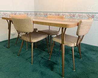 Vintage Mid-Century Modern Formica Dining Room Table - Bronze Legs, 2 Leafs, Six Matching Chairs