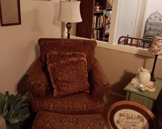 Floral Chair and Ottoman, Floor Lamp, Green side table, 