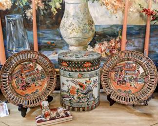 Pair of Early 19th Century Cantonese Famille Rose Medallion Plates -Pair, Lidded Asian Inspired Porcelain Container