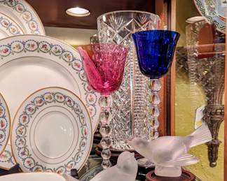 Lalique France Frosted Mocking Sparrows, Two of Four St Louis Bubbles Hock Glasses, Waterford 12 inch Diamond and Pineapple Skyshell Vase
