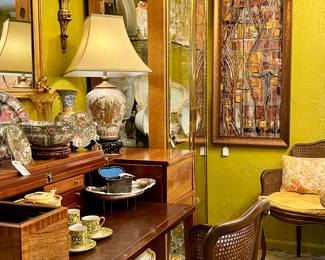 Cane Back Arm Chair, Antique Mahogany Spinet Desk