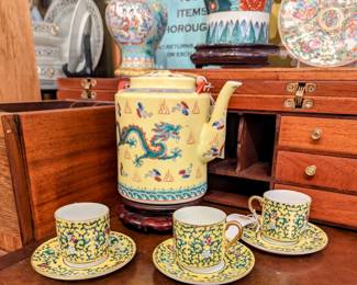 Set of Three Floral Tea Cups and Saucers, Chinese Dragon Tea Pot