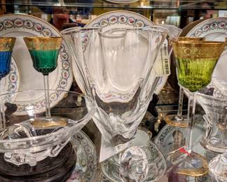 Steuben Signed Handkerchief Vase, Three of Six St. Louis Thistle Hocks, Steuben Crystal Animal Paperweights