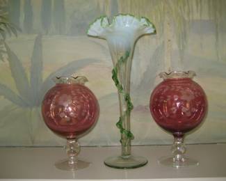 Footed etched cranberry glass globe vases, white and green vase