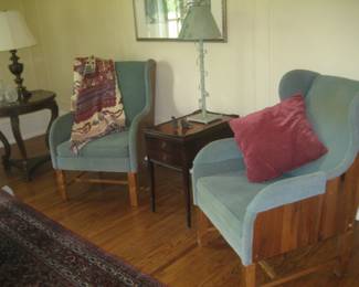 Wing chairs with wood side panel (pair), end table, table lamps