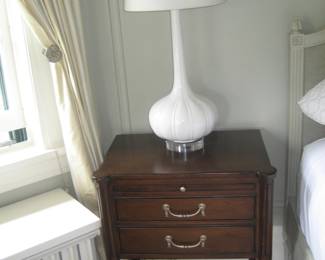 Hickory nightstand (2), white table lamp (2)