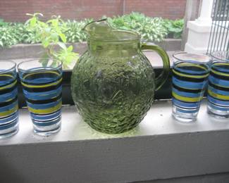 Fiestaware glasses, vintage Anchor Hocking green pitcher