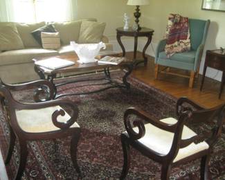 Oriental rug (8' x 10') with sofa, tables, pair of antique chairs