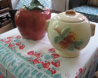 Vintage tablecloth and cookie jars