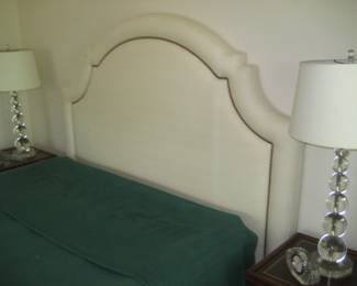 Custom upholstered headboard, table lamps (pair)