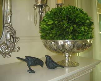 Faux boxwood arrangement (1 of 2) and pair of birds