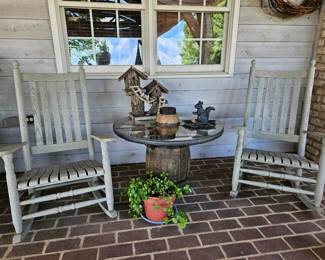 Rocking chairs, wagon wheel table, birdhouse and more