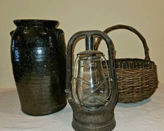Catawba Valley pottery jar, lantern and basket